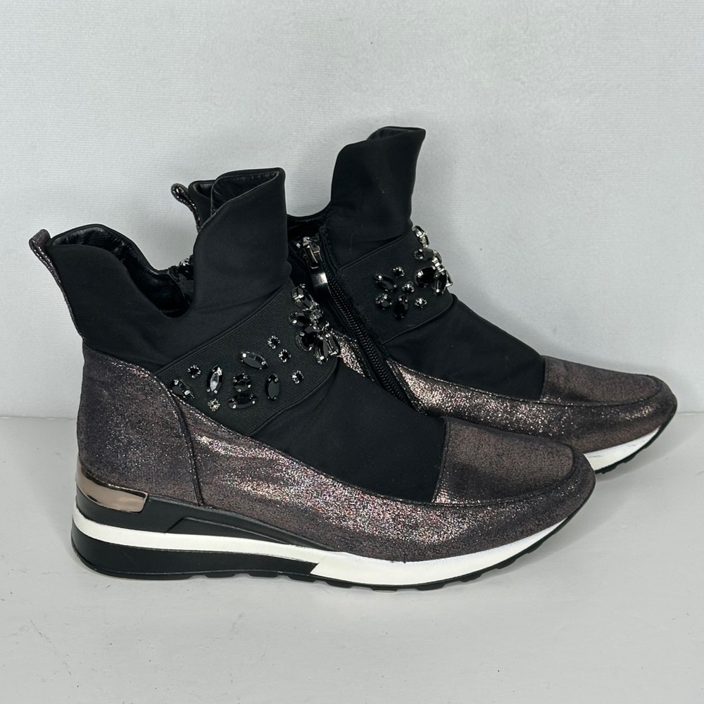 Atalina Black Metallic Slip On Booties Glitter Floral Rhinestones Glam‎ Sz 8